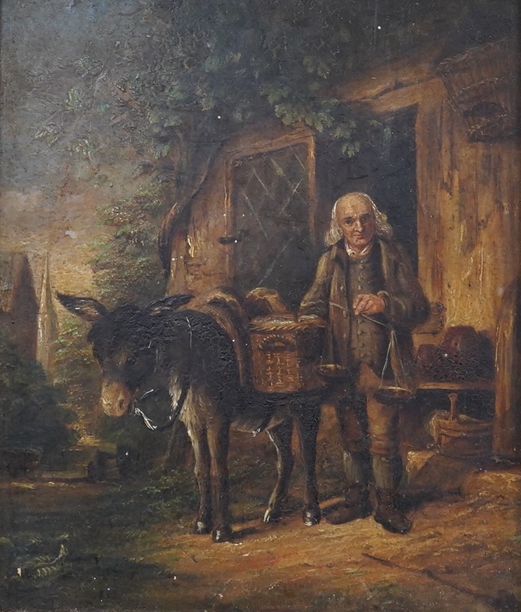 19th century, English School, oil on board, Study of a man and a donkey before a cottage, unsigned, 22 x 18cm. Condition - fair